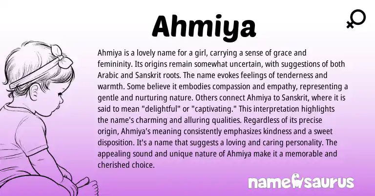 Infographic about Ahmiya name meaning, Ahmiya is a name from Arabic origin(s).