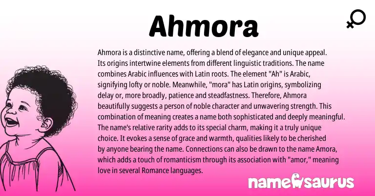 Infographic about Ahmora name meaning, Ahmora is a name from Latin, Arabic origin(s).