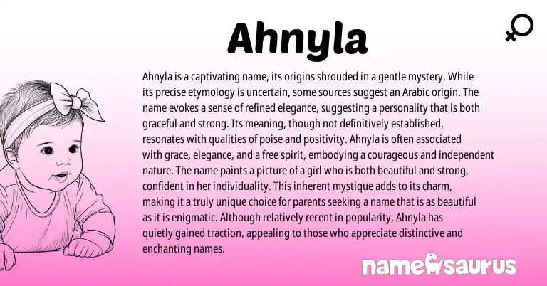 Infographic about Ahnyla name meaning, Ahnyla is a name from Arabic origin(s).