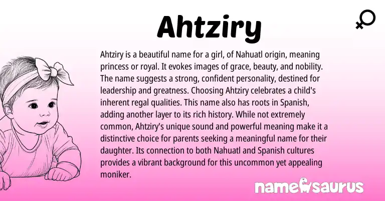 Infographic about Ahtziry name meaning, Ahtziry is a name from Nahuatl origin(s).