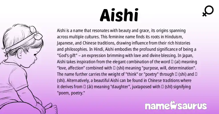 Infographic about Aishi name meaning, Aishi is a name from Hinduism, Japanese, Chinese origin(s).
