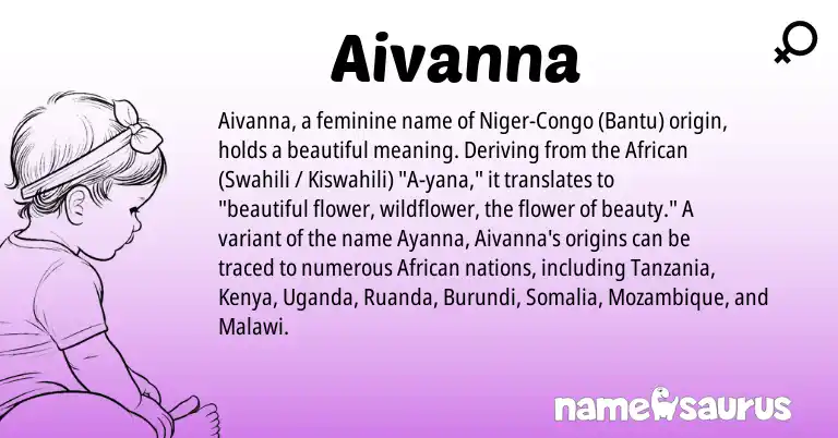 Infographic about Aivanna name meaning, Aivanna is a name from Uganda, Mozambique, Kenya, Swahili, African, Kiswahili, Bantu origin(s).