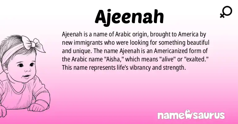 Infographic about Ajeenah name meaning, Ajeenah is a name from Arabic (Americanized) origin(s).