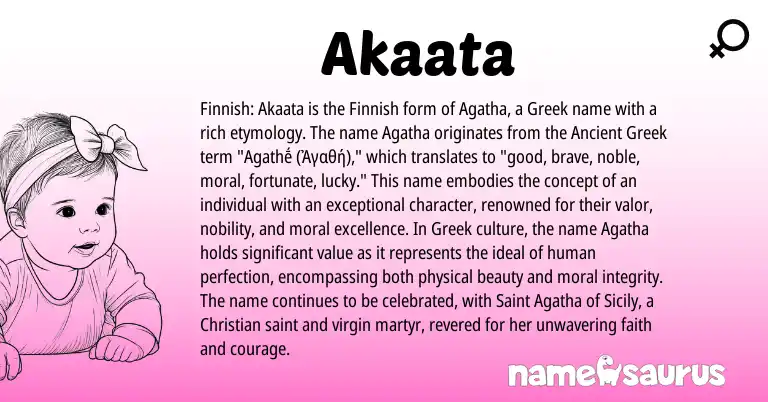 Infographic about Akaata name meaning, Akaata is a name from Finnish, Ancient Greek, Greek origin(s).