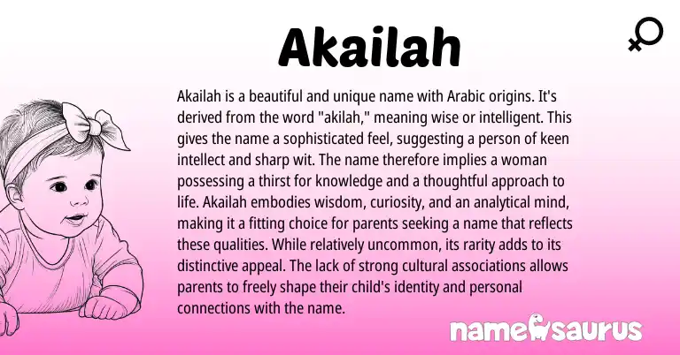 Infographic about Akailah name meaning, Akailah is a name from Arabic origin(s).