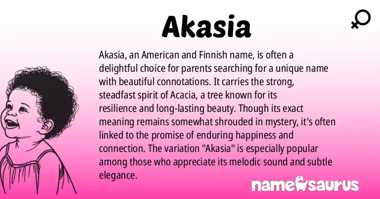 Infographic about Akasia name meaning, Akasia is a name from American, Finnish origin(s).