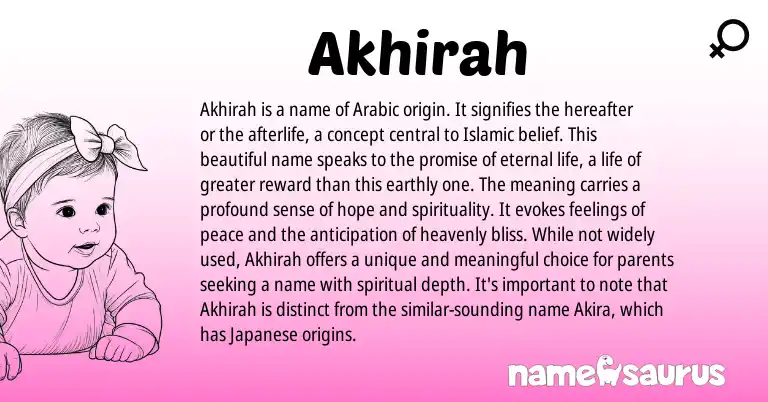 Infographic about Akhirah name meaning, Akhirah is a name from Arabic origin(s).