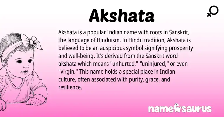 Infographic about Akshata name meaning, Akshata is a name from Indian, Sanskrit, Hinduism, Hindi origin(s).