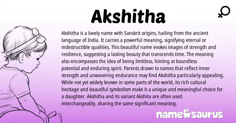 Infographic about Akshitha name meaning, Akshitha is a name from Indian, Sanskrit origin(s).