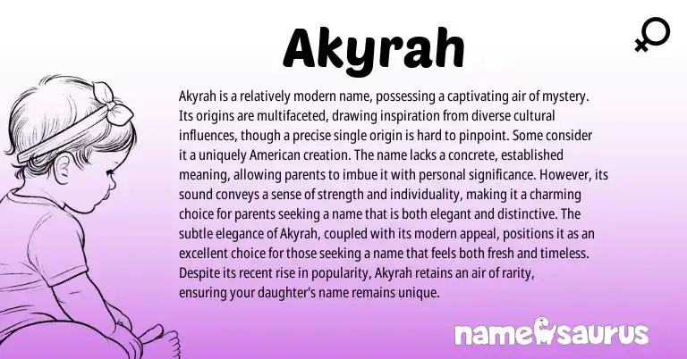 Infographic about Akyrah name meaning, Akyrah is a name from American origin(s).