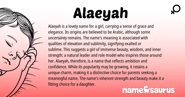 Infographic about Alaeyah name meaning, Alaeyah is a name from Arabic, American origin(s).