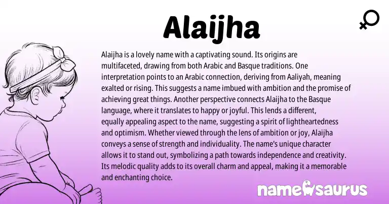 Infographic about Alaijha name meaning, Alaijha is a name from Arabic, American origin(s).
