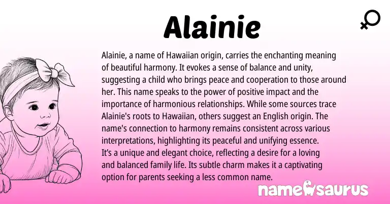Infographic about Alainie name meaning, Alainie is a name from Hawaiian origin(s).