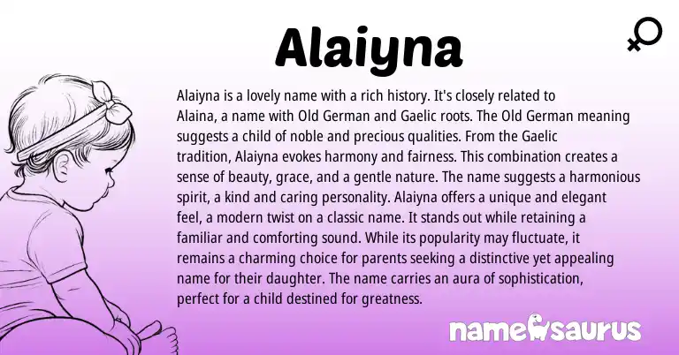 Infographic about Alaiyna name meaning, Alaiyna is a name from Germanic, Gaelic origin(s).