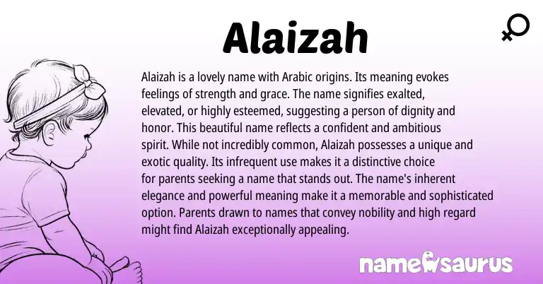Infographic about Alaizah name meaning, Alaizah is a name from Arabic origin(s).