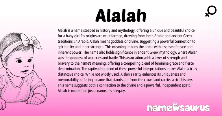 Infographic about Alalah name meaning, Alalah is a name from Arabic origin(s).