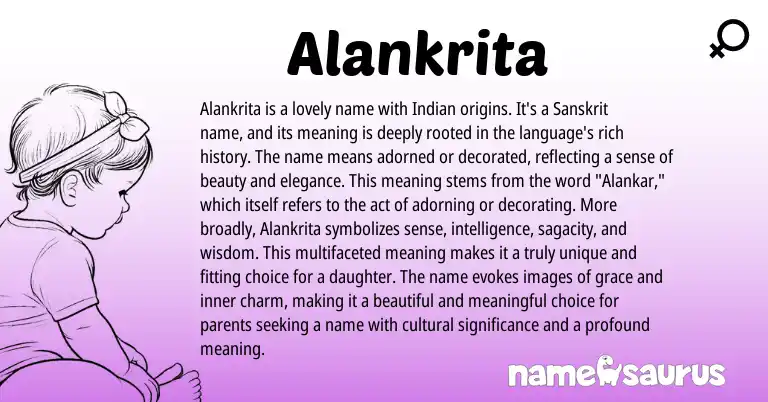 Infographic about Alankrita name meaning, Alankrita is a name from Indian, Sanskrit origin(s).