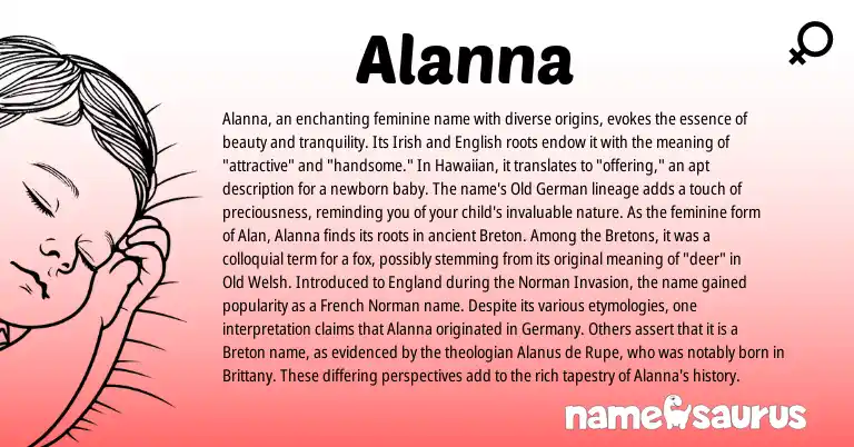 Infographic about Alanna name meaning, Alanna is a name from Irish, Hawaiian, Breton, Old Welsh, English, England, Bretons, French, Old German, Norman origin(s).