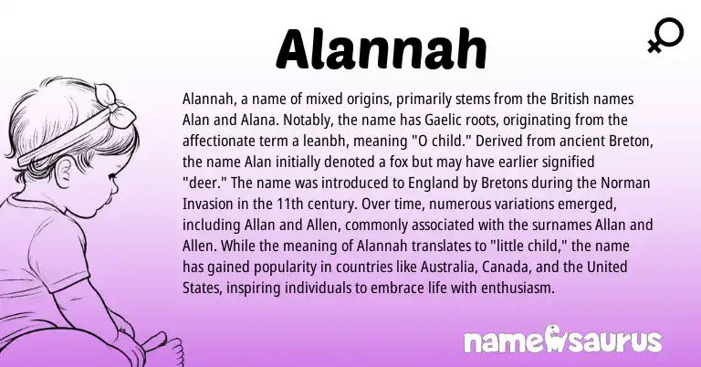 Infographic about Alannah name meaning, Alannah is a name from British, Breton, United States, England, Gaelic, Bretons, Norman origin(s).