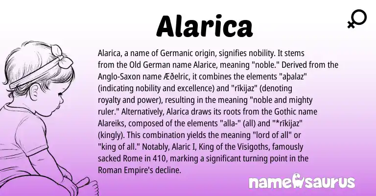 Infographic about Alarica name meaning, Alarica is a name from Anglo-Saxon, Roman, Germanic, Old German, Gothic origin(s).