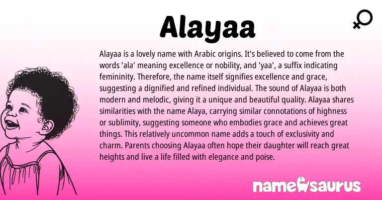 Infographic about Alayaa name meaning, Alayaa is a name from Arabic origin(s).
