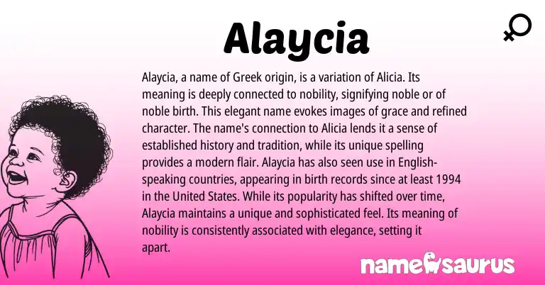 Infographic about Alaycia name meaning, Alaycia is a name from Greek origin(s).