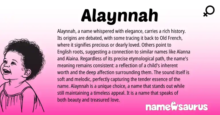 Infographic about Alaynnah name meaning, Alaynnah is a name from French, American origin(s).