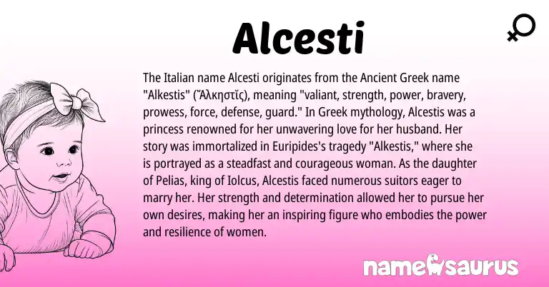 Infographic about Alcesti name meaning, Alcesti is a name from Ancient Greek, Greek, Italian origin(s).