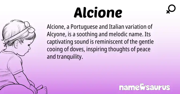 Infographic about Alcione name meaning, Alcione is a name from Italian, Portuguese origin(s).