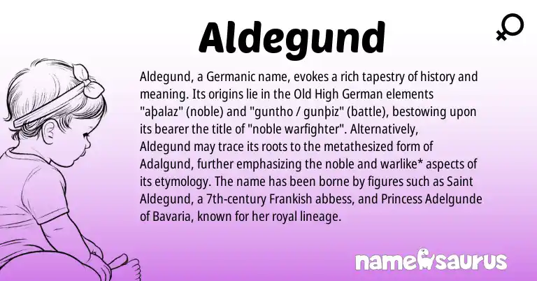 Infographic about Aldegund name meaning, Aldegund is a name from Old High German, Germanic, Frankish origin(s).