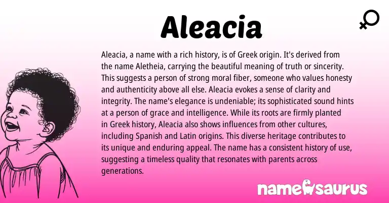 Infographic about Aleacia name meaning, Aleacia is a name from Greek origin(s).
