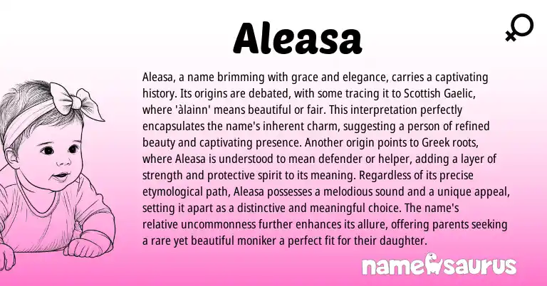 Infographic about Aleasa name meaning, Aleasa is a name from Scottish, Gaelic origin(s).
