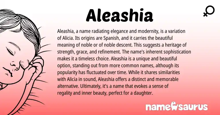 Infographic about Aleashia name meaning, Aleashia is a name from Spanish, American origin(s).