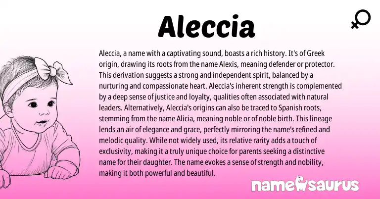 Infographic about Aleccia name meaning, Aleccia is a name from Greek origin(s).