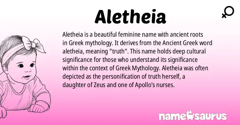 Infographic about Aletheia name meaning, Aletheia is a name from Ancient Greek, Greek Mythology origin(s).