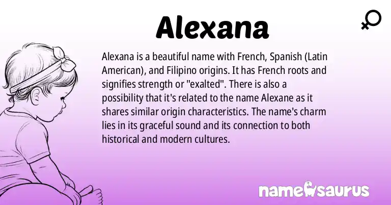 Infographic about Alexana name meaning, Alexana is a name from French, Spanish (Latin American), Filipino origin(s).