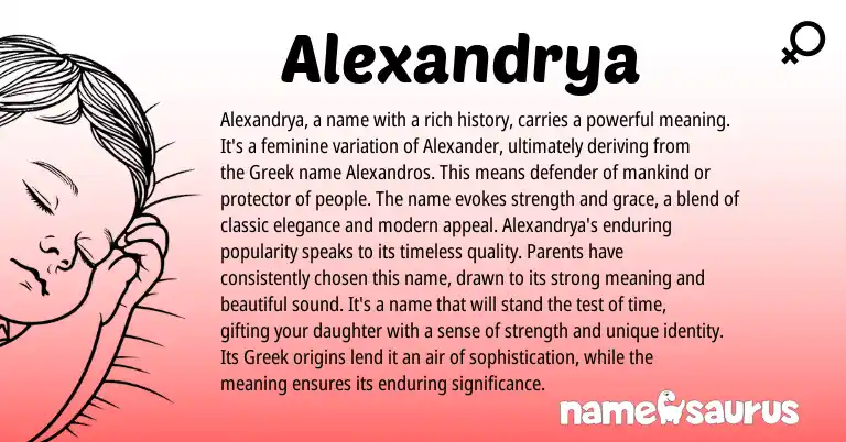 Infographic about Alexandrya name meaning, Alexandrya is a name from Greek origin(s).