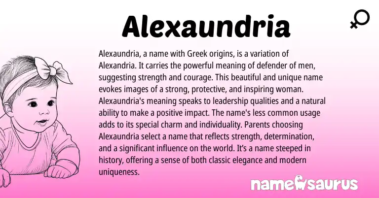 Infographic about Alexaundria name meaning, Alexaundria is a name from English, Greek origin(s).