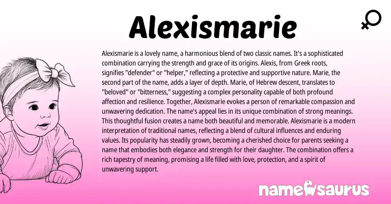 Infographic about Alexismarie name meaning, Alexismarie is a name from Greek, Hebrew origin(s).