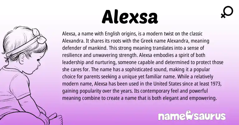 Infographic about Alexsa name meaning, Alexsa is a name from Greek origin(s).