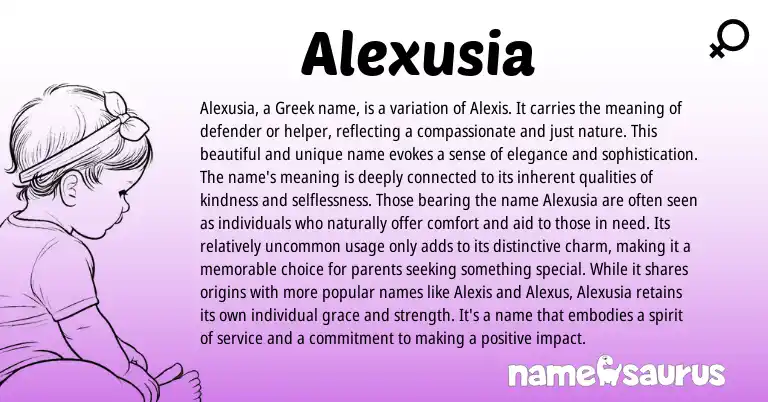 Infographic about Alexusia name meaning, Alexusia is a name from Greek origin(s).