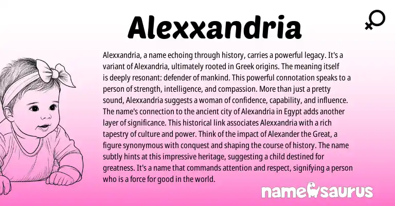 Infographic about Alexxandria name meaning, Alexxandria is a name from Greek origin(s).