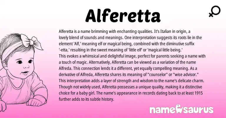 Infographic about Alferetta name meaning, Alferetta is a name from Italian origin(s).