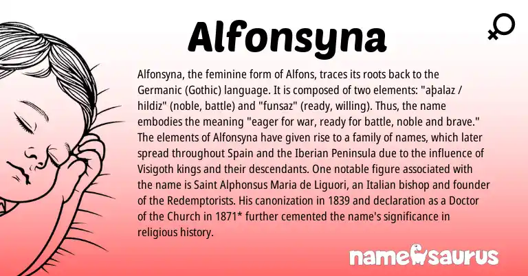 Infographic about Alfonsyna name meaning, Alfonsyna is a name from Spain, Germanic, Gothic, Italian origin(s).