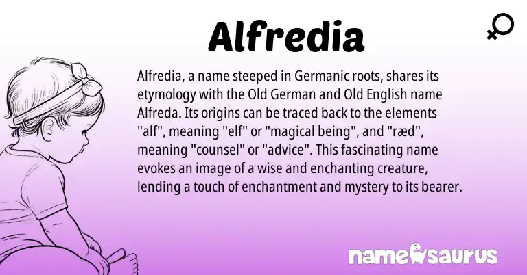 Infographic about Alfredia name meaning, Alfredia is a name from Old German, Old English, Germanic origin(s).