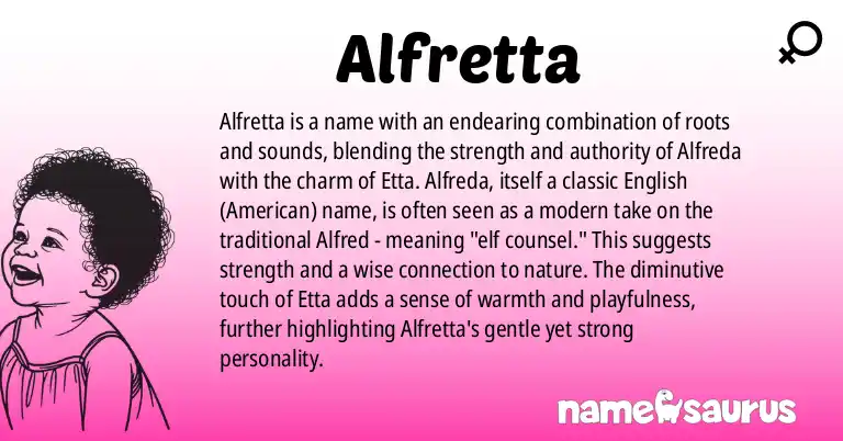 Infographic about Alfretta name meaning, Alfretta is a name from English (American) origin(s).