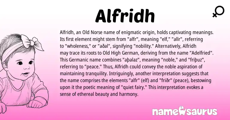 Infographic about Alfridh name meaning, Alfridh is a name from Old High German, Old Norse, Germanic origin(s).
