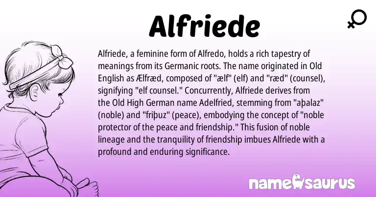 Infographic about Alfriede name meaning, Alfriede is a name from Old High German, Old English, Germanic origin(s).