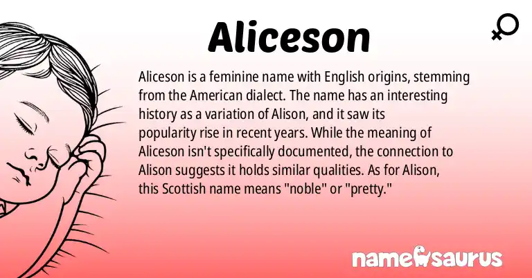 Infographic about Aliceson name meaning, Aliceson is a name from English, English (American) origin(s).