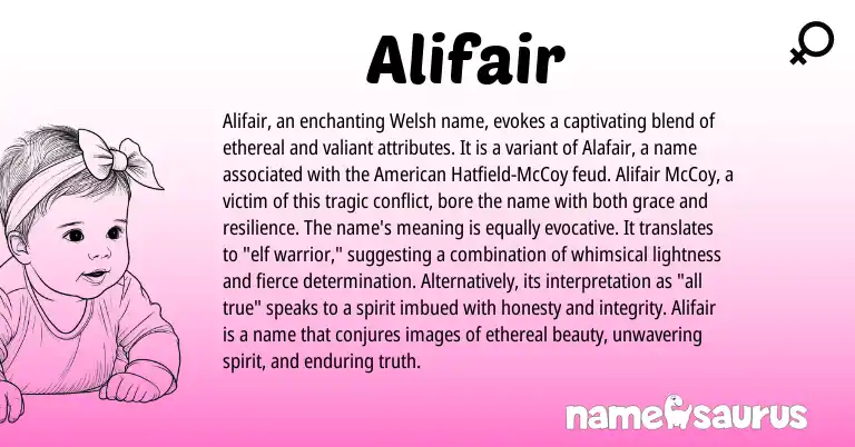 Infographic about Alifair name meaning, Alifair is a name from Welsh, American origin(s).